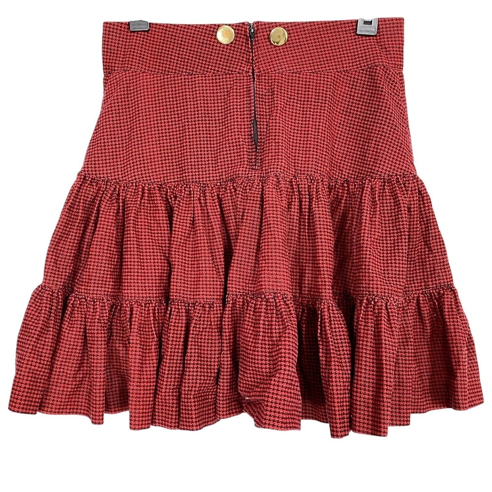 Vtg Sz 8 Betsey Johnson Y2K Houndstooth Tiered Skirt Ruffle Red Suspender RARE - Picture 2 of 6
